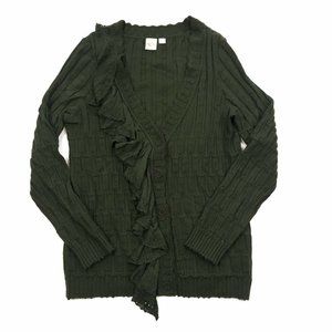 Anthropologie Green Ruffle Cardigan Sweater